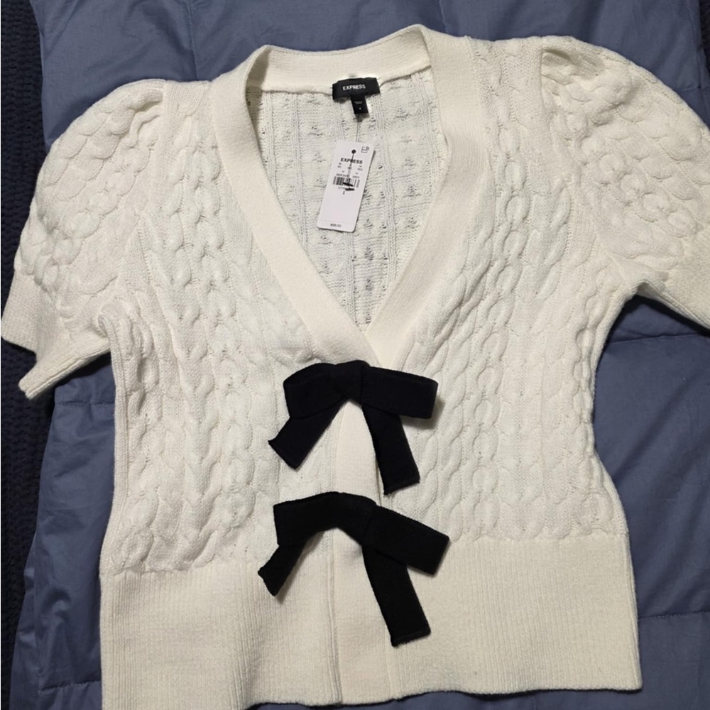Express - White Sweater with Black Bow Accents